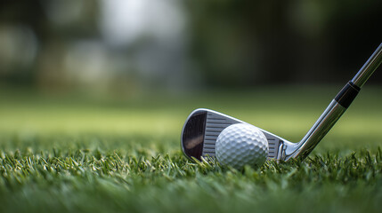A close-up view of a golf club head just inches away from a dimpled golf ball resting on perfectly trimmed green grass.