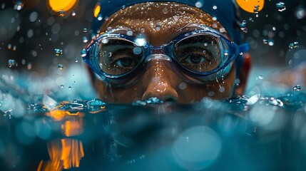An intense swimmer with goggles prepares for a competitive dive, illustrating the focus and determination required in the world of competitive swimming and athletics.