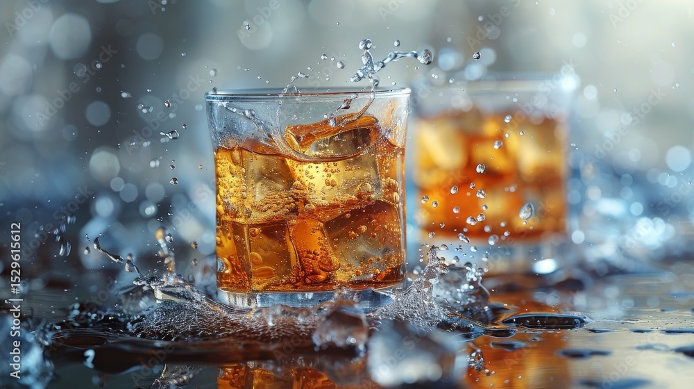 Poster this vibrant image captures two glasses of sparkling beverage splashing amidst a dynamic backdrop, b