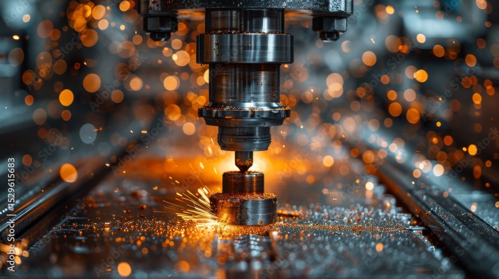 Aufkleber a dynamic shot of an industrial machine in action, creating sparks during metal processing, showcasi