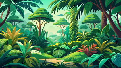 Watercolor illustration of a lush green jungle landscape in retro or vintage style, featuring dense tropical plants, exotic foliage, and soft artistic textures.