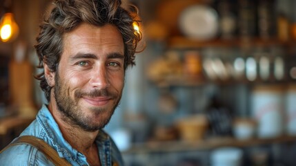 Obraz premium A charismatic smiling man poses in a cozy café, surrounded by earthy textures and inviting ambiance, radiating a sense of warmth, friendliness, and creativity.