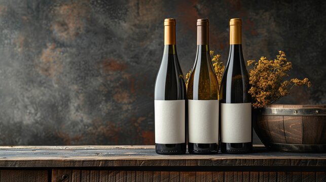 This image features three elegant wine bottles with blank labels placed on a rustic wooden table against a textured wall, ideal for wine enthusiasts and marketing use.