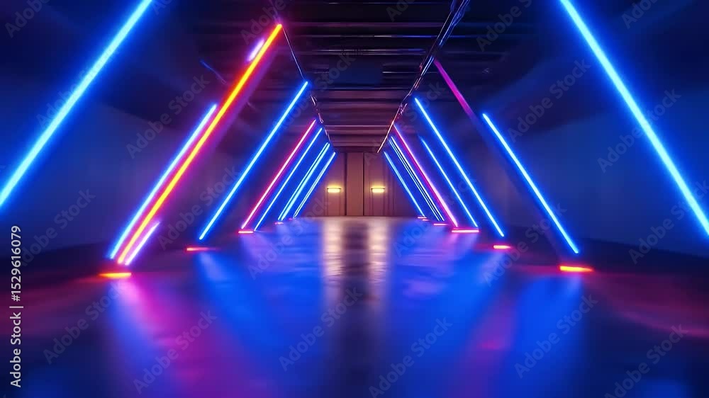 Aufkleber illuminated triangle corridor with red and blue neon lights reflecting on the floor in a 3d render