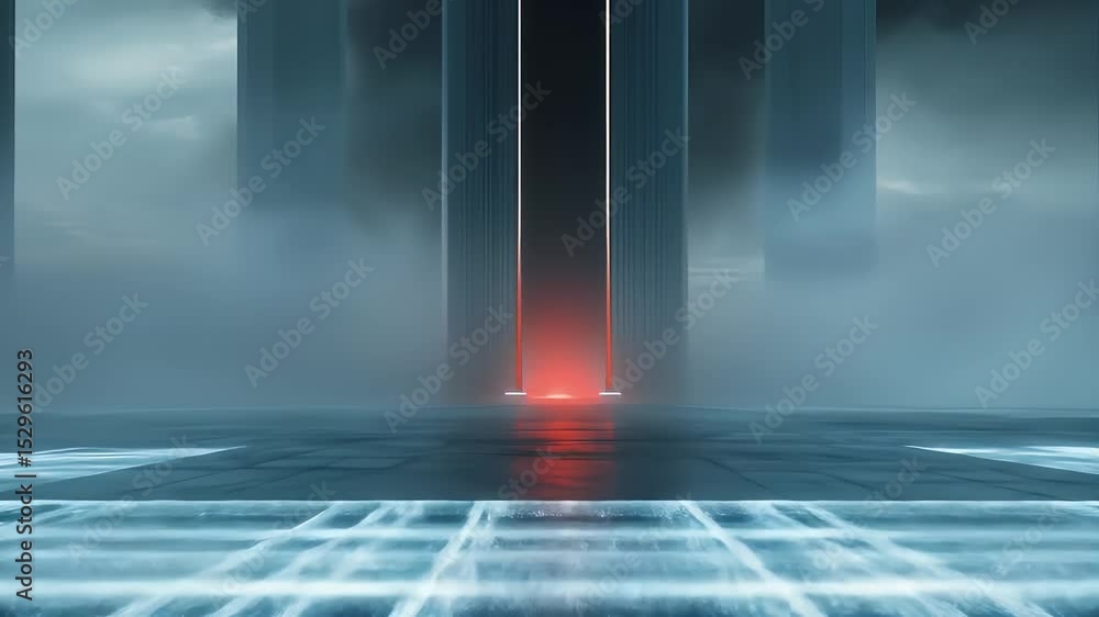 Poster minimalist abstract architecture in foggy setting featuring vertical geometric columns and neon ligh