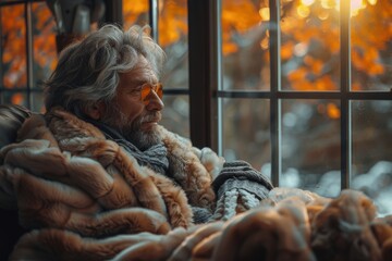 An introspective man wrapped in a cozy blanket gazes thoughtfully out a window, embodying feelings of reflection, warmth, and the beauty of changing seasons in a serene environment.