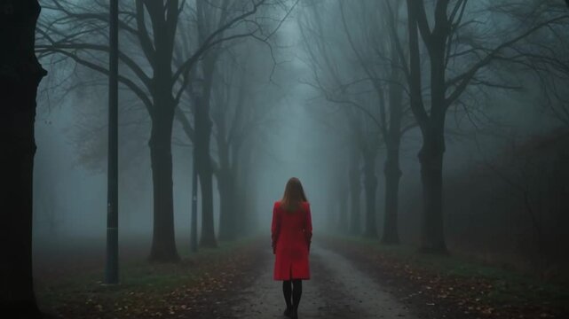 Woman in a vibrant red coat walks away down a mysterious, foggy tree-lined path, creating a moody atmosphere of solitude and an unknown journey for cinematic or narrative concepts - Powered by Adobe