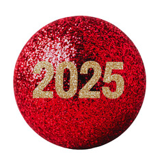 A festive red ornament with the year 2025 inscribed in gold glitter. A symbol of new beginnings, anticipation, and the holiday season.