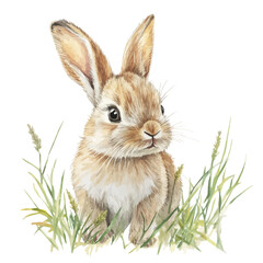 Baby Rabbit Peeking Grass, watercolor vector, high quality, isolated on a white background.