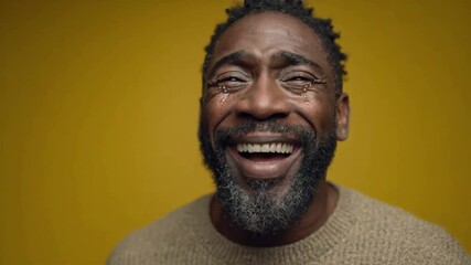 African american man with a beard crying tears of joy, laughing with overwhelming emotion against a yellow background, portraying profound happiness and emotional release for mental wellbeing topics