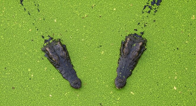 Gators in Emerald Alligators lurking in a duckweed covered swamp.