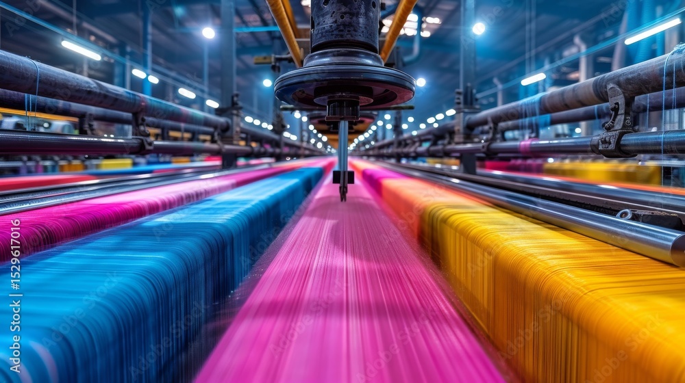 Poster a vibrant display of colorful thread spools on weaving machinery illustrates the intricate process o