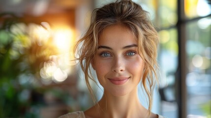 A beautiful young woman with a captivating smile stands in a softly lit environment, embodying warmth and positivity that resonates with anyone who gazes upon her.