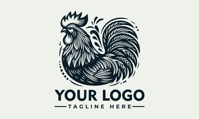 Rooster standing upright with detailed feather texture and large tail in bold monochrome illustration style. Animal concept
