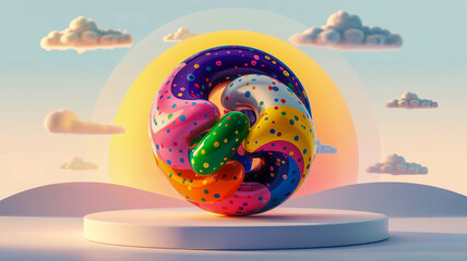 A vibrant, abstract digital art piece featuring flowing curved shapes in multiple colors