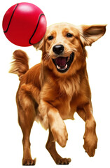 Happy dog running with a red ball against yellow background, transparent background png
