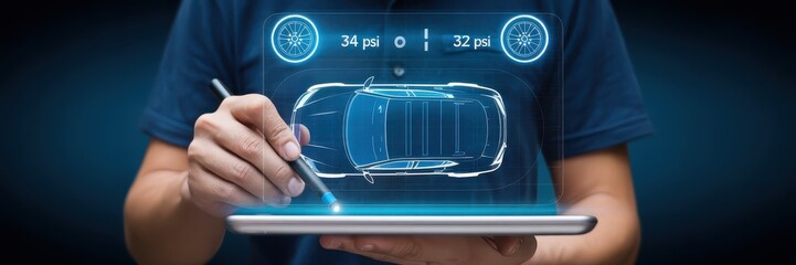Digital car diagnostics interface displayed on a tablet.