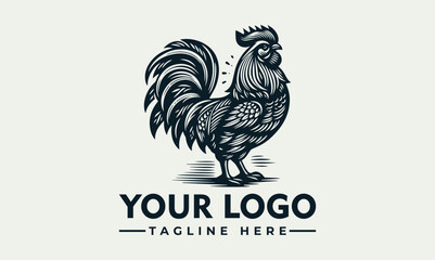 Obraz premium Rooster standing upright with detailed feather texture and large tail in bold monochrome illustration style. Animal concept 