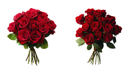 Two bouquets of red roses, elegantly arranged and ready for gifting.  The roses are vibrant and full, suggesting romance and passion.