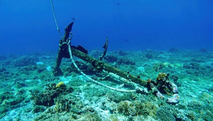 Lost relic: An old anchor rests amidst thriving marine life on the ocean floor