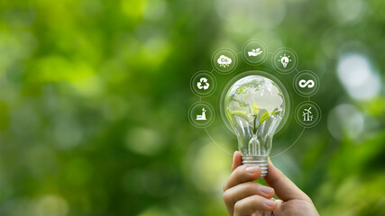 Sustainable Environment concept. ESG, green energy. Carbon emission low neutral, net zero, renewable energy, Green business, Climate neutral long term strategy on a green background.