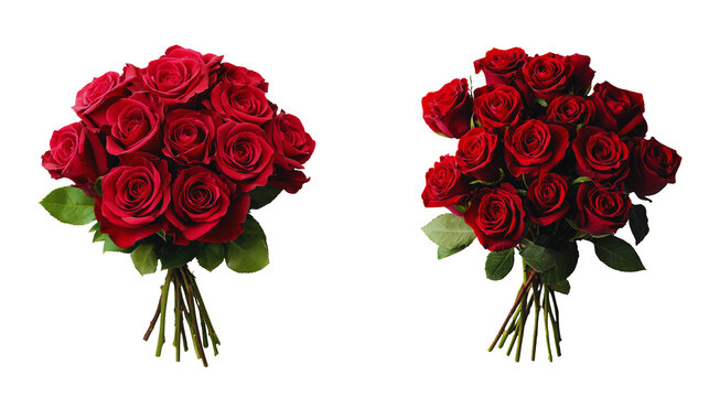 Two bouquets of red roses, elegantly arranged and ready for gifting.  The roses are vibrant and full, suggesting romance and passion.