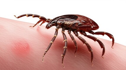 Close-up of a tick biting a person's skin.