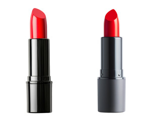Two vibrant lipsticks with a vivid red color and elegant design. The lipsticks are presented on a neutral background, showcasing their bold color and sleek design
