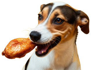 Dog with a snack against bright yellow background, transparent background png