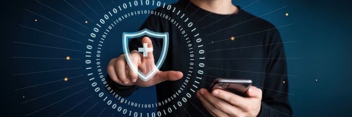 Person interacts with a digital shield overlayed with binary code.