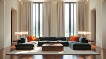 Luxurious modern living room with dark gray sectional sofa and orange accent pillows.