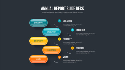 Professional Report 5 Step Diagram Slideshow Template. Advertising Performance Five Option Infographic Slide Layout. Marketing Proposal Presentation Design Vector Illustration.