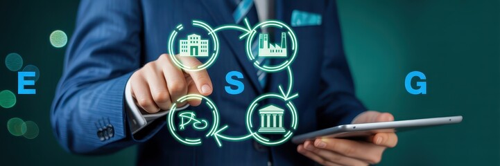 Businessman interacts with a futuristic digital interface.