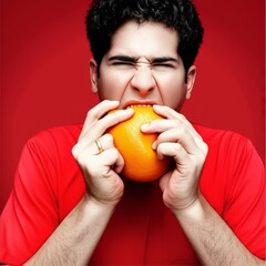 Man biting a big orange fruit on a red background