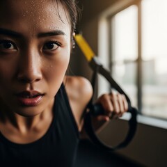 close up of a young and fit asian woman in the professional gym with suspensor trainer, determined and sweaty face, 