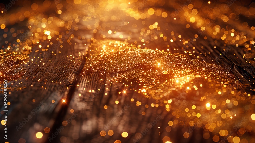 Aufkleber a beautiful close-up of sparkling golden particles illuminated on a wooden surface, creating a magic