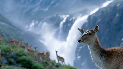 A tranquil scene featuring a deer in focus with a stunning waterfall in the background. Nature in harmony showcases wildlife beauty. Ideal for nature lovers and outdoor enthusiasts. AI