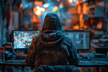 Obraz premium A moody setup showcasing a hooded figure intensely engrossed in dual monitors, symbolizing the convergence of technology and mystery in the modern digital world.