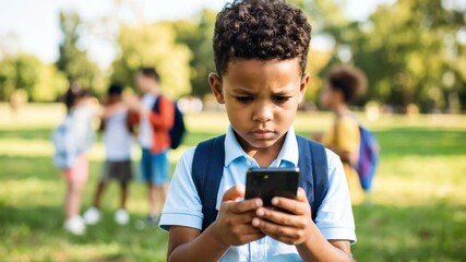A boy is looking at his cell phone in a park.Concept of digital addiction. Immersed in his digital world, he ignores everything around him.little boy kid son child play video game on mobile phone. - Powered by Adobe