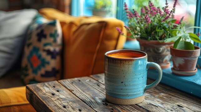A beautifully crafted coffee mug sits on a rustic wooden table, creating a cozy and inviting atmosphere that encourages relaxation and enjoyment of a warm drink.
