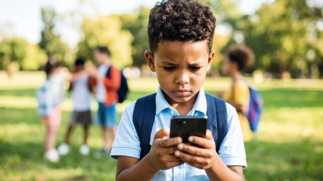 A boy is looking at his cell phone in a park.Concept of digital addiction. Immersed in his digital world, he ignores everything around him.little boy kid son child play video game on mobile phone.