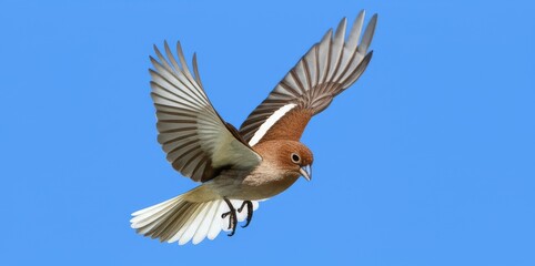 Elegant brown bird in flight against a bright blue sky