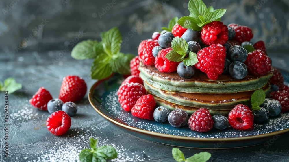 Poster this mouthwatering image showcases a tall stack of pancakes topped with an array of fresh berries an