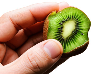 A half kiwi fruit held by a human hand, transparent background png