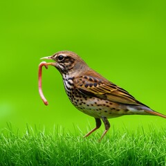 Bird With a Worm on the Grass