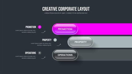 Market Visualization 3 Option Infographic Slide Template. Service Development Frame Layout Vector Illustration. Professional Plan Three Step Diagram Slideshow Design.
