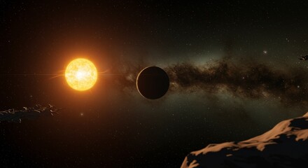 3D Rendering of Space View with Planet Star Sun and Galaxy