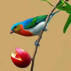 Colorful bird eating a fruit on a branch