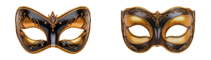 Venetian masks set against a bright background. The masks feature intricate gold and black designs, perfect for carnival or masquerade events. 
