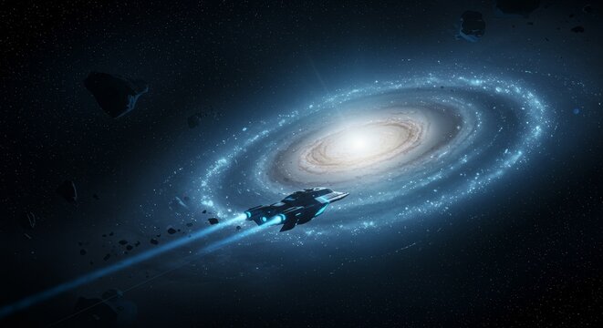 3D Rendering of Spaceship Flying Near Bright Galaxy with Stars